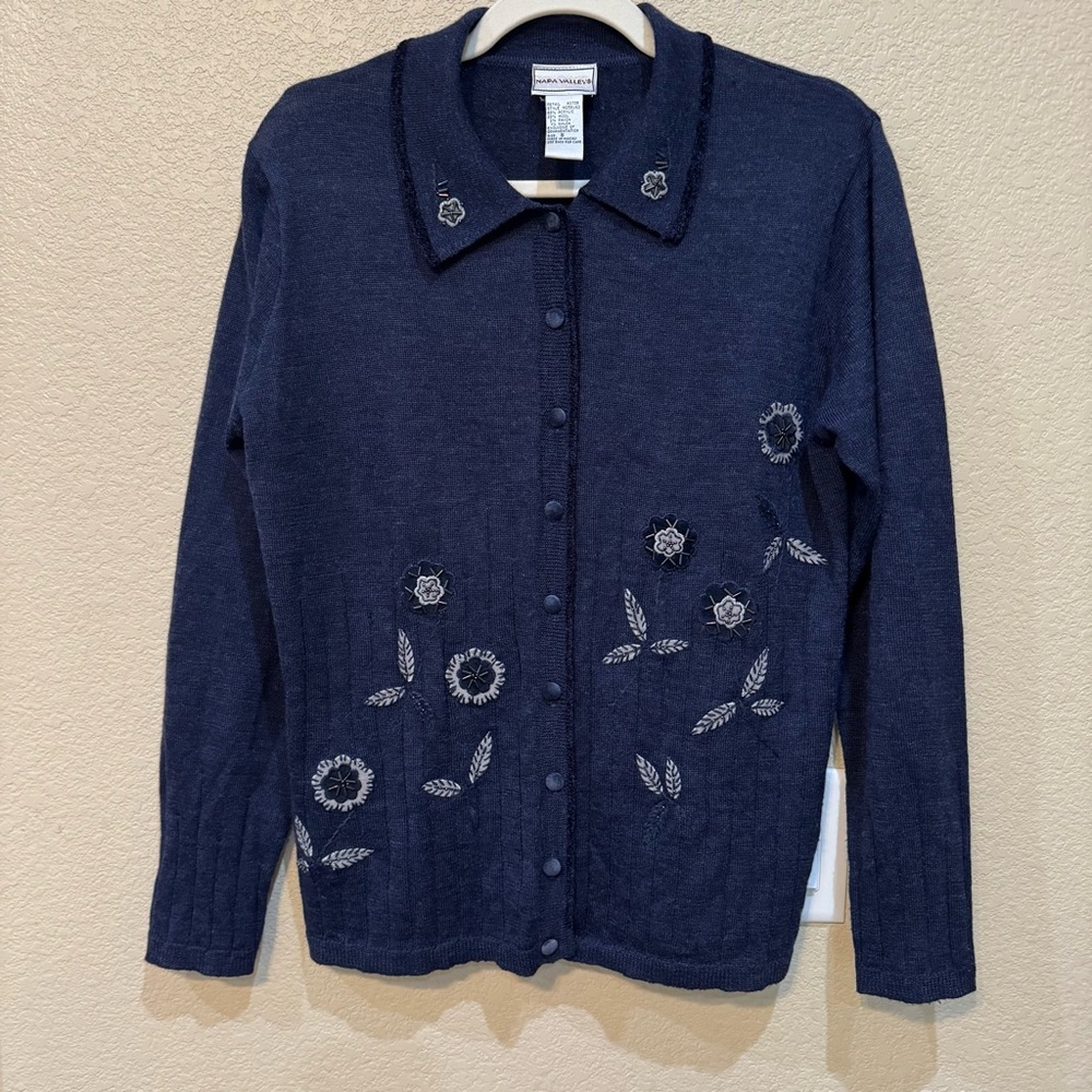 Napa Valley Vintage Navy Beaded Floral Cardigan Sweater Size Small